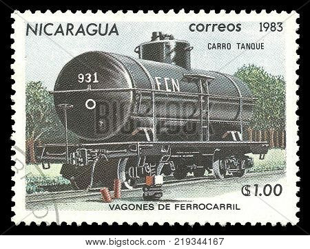 Nicaragua - Stamp printed by Nicaragua Color edition dedicated to Railroadcars shows railway car tank CIRCA 1983