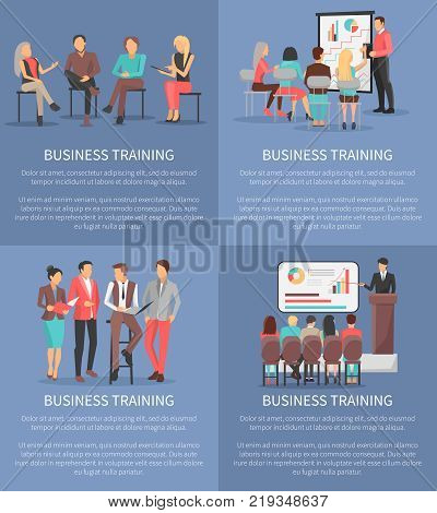 Set of business meeting trainings, leader with pointer showing graphics and schemes, workers listen to him vector illustration in team building concept
