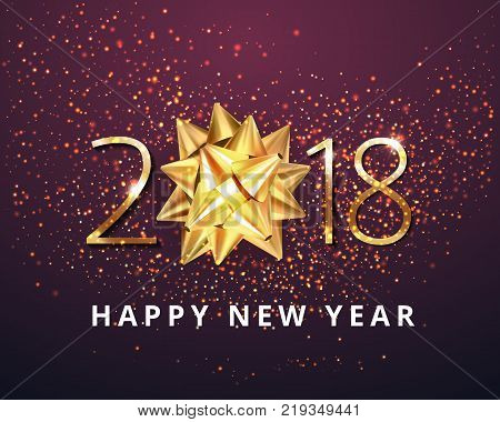 Vector stock Gold 2018 Christmas or New Year celebration premium luxury dark background with gift ribbon bow and gold glittering shine stars glitter decoration. Winter holiday greeting design template