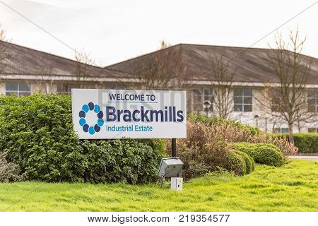 Northampton UK December 07, 2017: Welcome to Brackmills Industrial Estate logo sign.