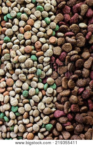 Top view of dry pet food background.
