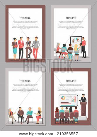 Training vector posters set with coworkers sitting on chairs, people at conference discussing issues near blackboard, teambuilding on illustrations