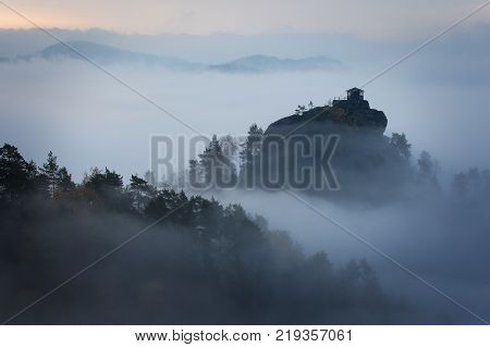 Misty Morning atmosphere in Szech Saxonz Switzerland. Sunrise in beautiful mountain with inversion.