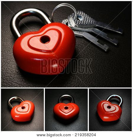 Romantic love background. Red  padlock on a black background. Photocollage.