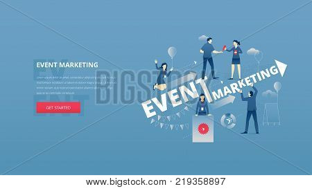 Vector illustrative hero banner of event marketing. Marketing hero website header with men and women business characters around words 'event marketing' over digital world map
