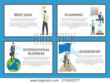Business set of posters on blue. Vector illustration of best idea winner, men planning new project, businessmen on Earth globe and on top of mountain
