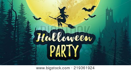 Vector stock Halloween party poster banner with big full moon and dark forest and castle with bats and flying witch in the orange sky. 31 November scary night background  Flyer or invitation template.