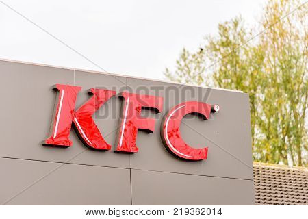 Northampton UK October 29, 2017: KFC Restaurant logo sign in Sixfields Retail Park.
