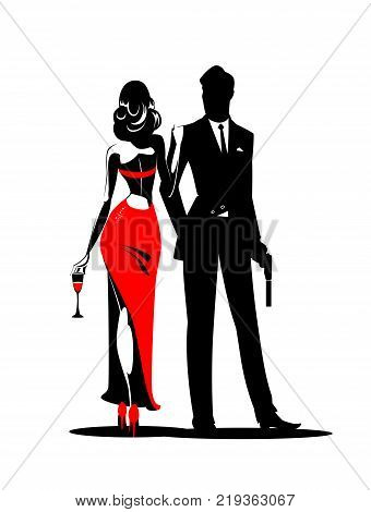 Secret Agent with gun and glass. Woman in red turned his back to us. Vector illustration