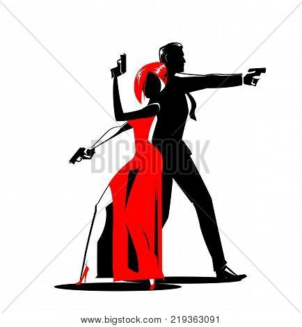 Team of secret agents. Posing on camera. Sexual woman in red dress. Illustration