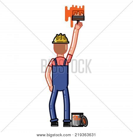 Builder paint a wall with a brush. Vector sketch cartoon illustration.