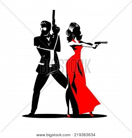Team of secret agents. Posing on camera. Sexual woman in red dress. Illustration