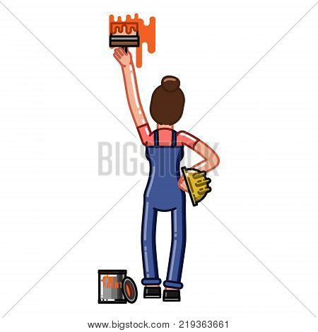 Builder paint a wall with a brush. Vector sketch cartoon illustration.