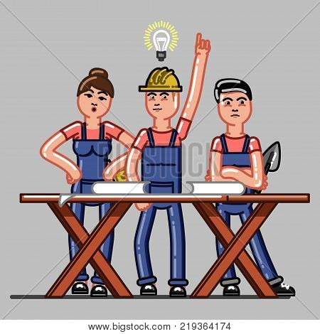 Builders crew exploring the drawings and one of them finds a solution. Vector sketch cartoon illustration.