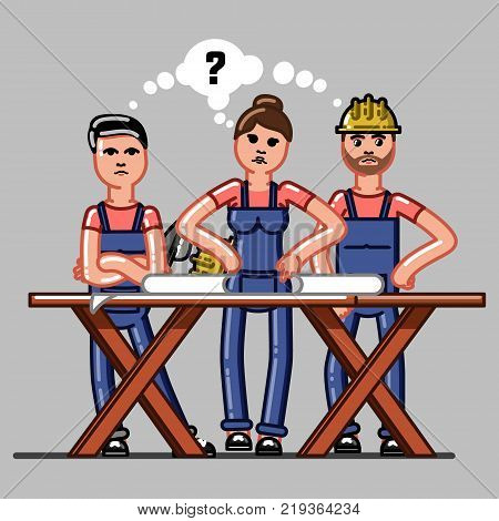 Builders crew exploring the drawings and that they do not understand. Vector sketch cartoon illustration.