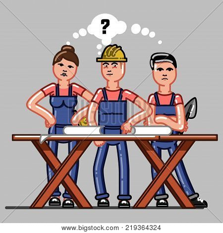 Builders crew exploring the drawings and that they do not understand. Vector sketch cartoon illustration.