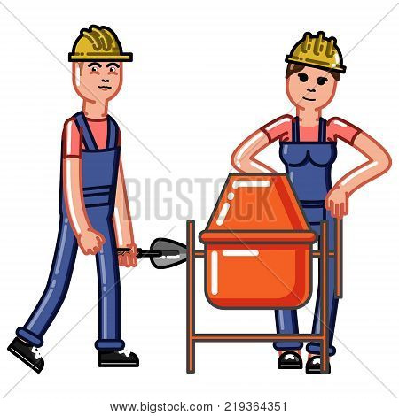 Builders crew knead concrete. Vector sketch cartoon illustration.