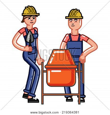 Builders crew knead concrete. Vector sketch cartoon illustration.