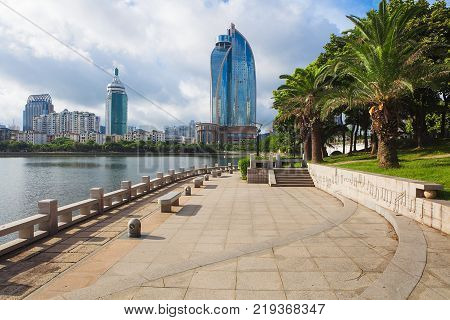 Xiamen, China skyline on Yundang Lake during sunny day