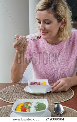 Healthy breakfast concept. fruit smothie. Delicious colorfull breakfast
