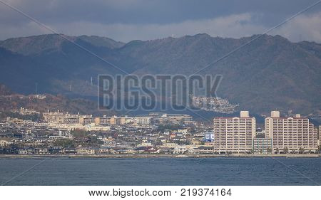 Hiroshima Japan - Dec 28 2015. Landscape of Miyajimaguchi Township in Hiroshima Japan. The town is located on Route 2 from Osaka to Fukuoka.