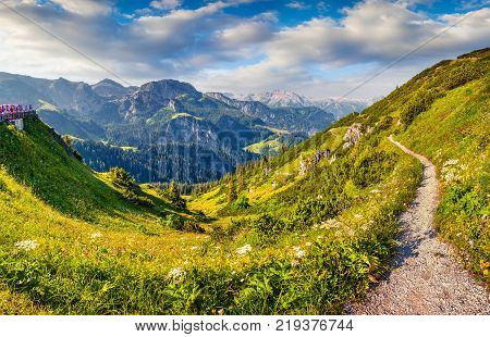 View from top of cableway above the Konigsee lake on Schneibstein mountain ridge. Colorful summer morning on a border of Germany and Austrian Alps. Berchtesgaden location Bavaria Germany Europe.