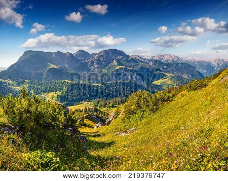 View from top of cableway above the Konigsee lake on Schneibstein mountain ridge. Colorful summer morning on a border of Germany and Austrian Alps. Berchtesgaden location Bavaria Germany Europe.