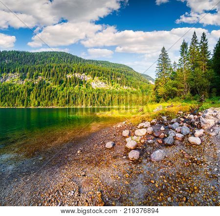 Beautiful summer evening on the Vorderer Gosausee lake. Colorful outdoor scene in Austrian Alps Salzkammergut resort area in the Gosau Valley in Upper Austria Europe.