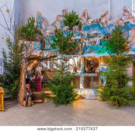 TERNOPIL UKRAINE - JUN 3 2017: Christmas nativity scene in Church of Saints Peter and Paul in Ternopil. A scene from the biblical story of the birth of Jesus Christ.