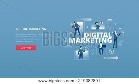 Vector illustrative hero banner of digital marketing. Marketing hero website header with men and women business characters around words 'digital marketing' over digital world map