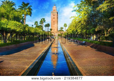 Koutoubia Mosque minaret at medina quarter of Marrakesh Morocco