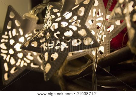Christmas Decorations With White Star And Led Lights With Red Beads