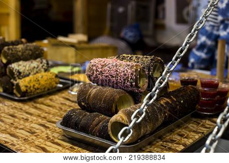 Traditional Hungarian street food - kurtosh baked in the oven