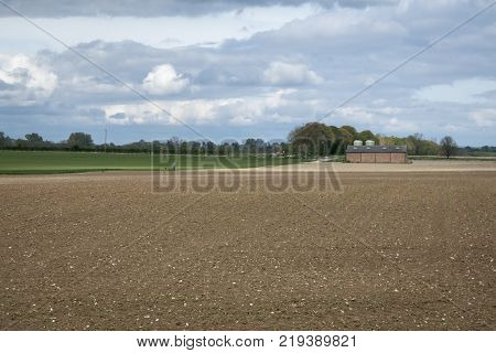 English farmland with crops and ploughed field in the county of Cambridgeshire UK