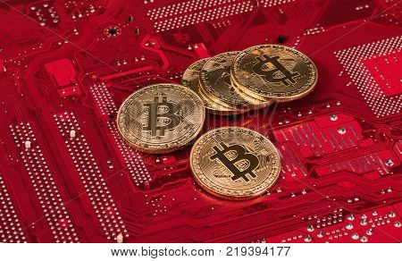 Bitcoin Virtual Currency. Trading with Bitcoin. The risk of buying a virtual currency. Crypto Currency background concept on red background
