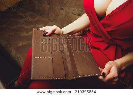 girl red dress breast clutch purse boobs