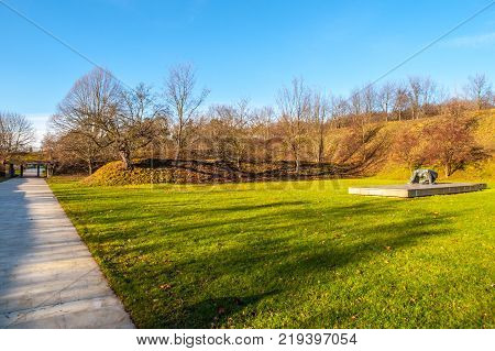 PRAGUE, CZECH REPUBLIC - DECEMBER 9, 2017: Former Kobylisy Shooting Range, Prague, Czech Republic. Place of mass executions during WWII by Nazis after the assassination of Reinhard Heydrich.