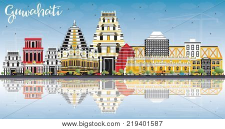 Guwahati India City Skyline with Color Buildings, Blue Sky and Reflections. Business Travel and Tourism Concept with Modern Architecture. Guwahati Cityscape with Landmarks.