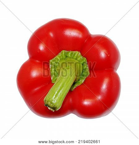 One bright red raw washed with green tail bulgarian pepper isolated on white background. Upper view