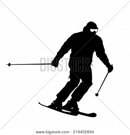 Mountain skier  speeding down slope. Vector sport silhouette.
