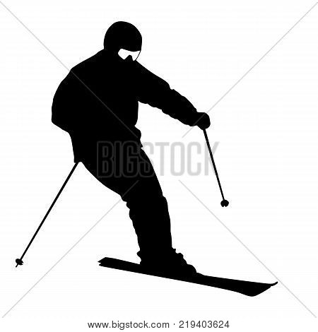 Mountain skier  speeding down slope. Vector sport silhouette.