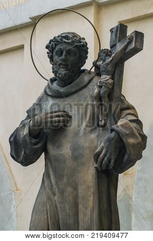 Czech, Prague, gothic sculpture of the Cyril and Methodius on the Charles bridge. Prague, medieval art, statue of Saint on the bridge of King Charles