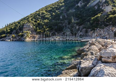 view of the coast of the island of Ithaka at the height of the port of Frikes with its rocks on the coast and its turquoise waters