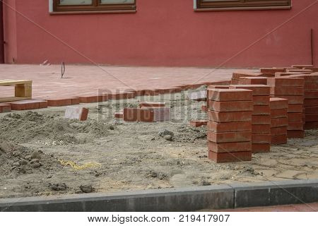 Sidewald or pavement costruction with the red bricks