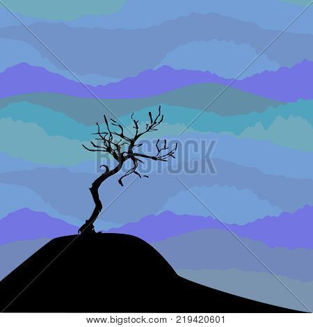 Hand drawn black tree without leaves isolated on blue foggy smoky misty background. Branches of small plant on vector illustration. Simple sketch.
