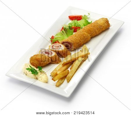 flamenquin, deep fried long pork roulade, spanish cordoba cuisine isolated on white background
