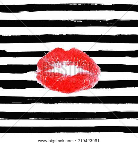 Fashion red lips print of woman with black  line striped background. Vector illustration.Sexy lip make-up pattern. Open mouth. Sweet kiss. Cosmetics and makeup vintage pattern.