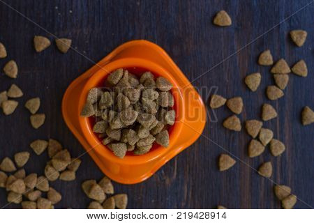 Top view of dry pet food in a bowl