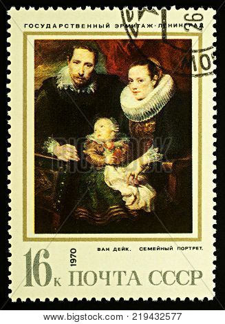 Moscow Russia - December 23 2017: A stamp printed in USSR (Russia) shows Family portrait by Flemish artist Van Dyck (1599-1641) series 