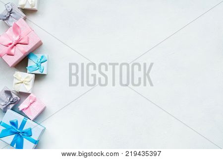Gift selection on white background. Copy space concept. Holiday atmosphere. Present giving. Warm memories